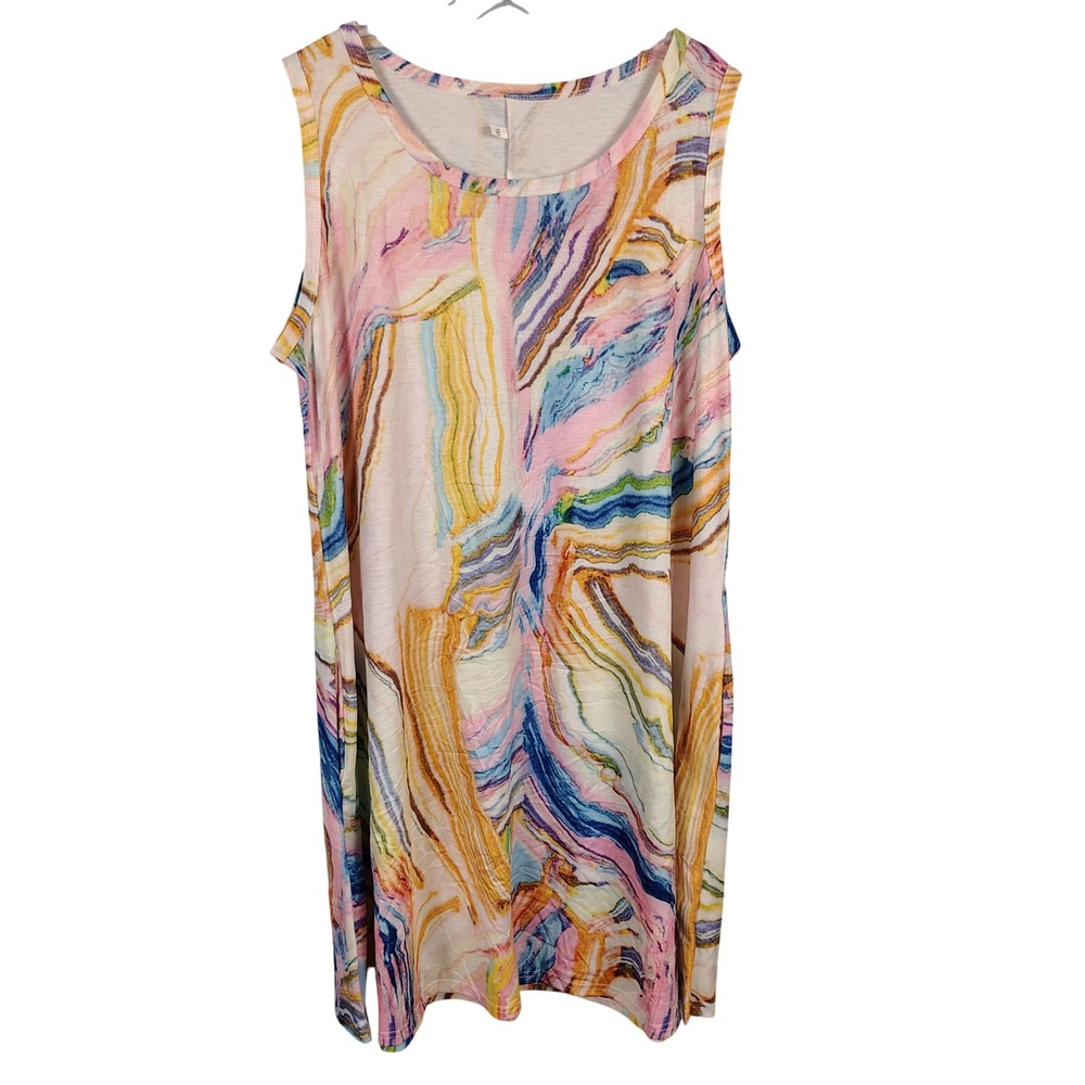Womens 2XL Sleeveless Marble Agate Print Pocket Shift Dress Multicolor Cotton